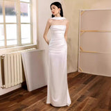 2025 simple light wedding dress bridal high-end satin tube top temperament white fishtail dress dress welcome out yarn