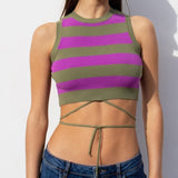 HULIANFU New spring and summer  new knitted vest women's contrasting color striped round neck sleeveless retro knitted sweater short outer wear