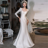 2025 Satin light wedding dress  new bridal long-sleeved simple fishtail  door dress welcome engagement dress spring