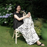 2025 Spring Women's Pants Casual Pants, Cotton Art Black and White Printing A-Word Wide Leg Culottes Trousers C0312