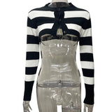 HULIANFU popular new autumn clothing  fashion round neck long-sleeved knitted slim-fitting splicing striped short outer cardigan