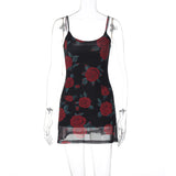 HULIANFU 2025 ins style fashion bouquet printing sexy splicing mesh short street style suspender dress female hair