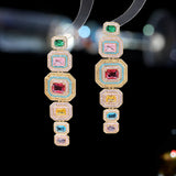 2025 retro new geometric colored treasure fashion earrings  court style exaggerated atmosphere long heavy industry earrings
