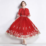 Popularan large-size women's clothing high-end printing heavy industry beaded pleated long dress pleated skirt temperament dress women