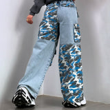 2025 Cross-border Popular trade 2025n high street camouflage splicing jeans women's winter new loose wide-leg jeans high sense