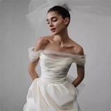 2025 Simple white dress skirt light wedding dress female bride travel photography go out yarn short  one-word shoulder light luxury niche