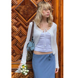 HULIANFU popular 2025 ins wind sweater cardigan knitted U-neck hollow solid color bow strap wear long-sleeved women's top
