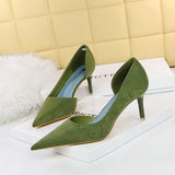 2025 6168-1  fashion, sexy and thin side hollow high heels, thin heel cloth surface, shallow mouth, pointed head, super high heel single shoes