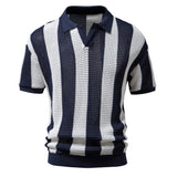 HULIANFU 2025 Men's  Summer Lapel Mesh Hollow Short Sleeve Fishnet Trend Men's Striped POLO Shirt Popularan Size