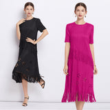 Miyake popular summer new women's dress short-sleeved fringed long dress fashionable and thin Popular pleated skirt