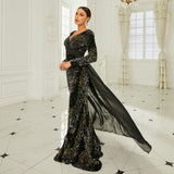 2025 high-end long-sleeved temperament V-neck sexy long sequined banquet evening dress bridesmaid dress women