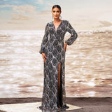 2025 new high-end long-sleeved V-neck banquet sequined hip-wrapped split evening dress bridesmaid dress women