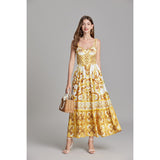 Majorica print positioning suspender slim waist dress, back rubber band A-shaped dress looks thin and fashionable