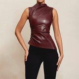 Sleeveless leather vest   women's clothing leather stand-up collar personalized waist irregular hem sleeveless top