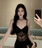 2025 Retro black lace splicing high split end sexy hip dress vacation waist temperament suspender skirt evening dress