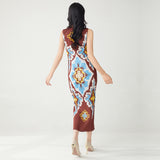 2025 Retro printed dress sleeveless summer slim fit sleeveless high elastic hip skirt temperament versatile  straight skirt