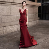 2025 Premium satin toast dress sexy deep V art exam host long dress temperament thin bride wedding fishtail evening dress