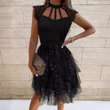 HULIANFU popular New new black fashion temperament scarf collar mid-waist short skirt perspective mesh dress