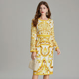Real shot,  positioning printing temperament high waist hip dress, high waist long sleeve crew neck skirt elegant