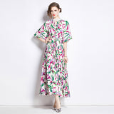 Popularan large size New women's clothing printing heavy industry beaded pleated long dress pleated skirt temperament dress women