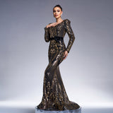 2025 women's clothing new high-end long-sleeved V-neck slim-fit hip-wrapped banquet sequined fishtail evening dress dress