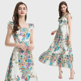 Real summer new product  positioning short sleeve high waist ruffle edge suspender hem A word dress