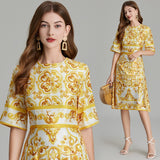 Real shot,  printing positioning round neck slim-fitting high-waisted dress, slim-fitting medium-sleeved A-shaped skirt is fashionable