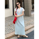 2025 THE MIND short-sleeved white T + vest skirt stacked two-piece set 2025 new Korean version loose dress T5027X