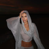 2025popular autumn new beach women's solid color sexy mesh beach bikini swimsuit blouse sunscreen set