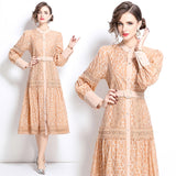 Court style dress women's   retro heavy industry embroidered lantern sleeve waist single-breasted pendulum dress