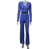 HULIANFU New autumn and winter  new knitted suit women's clothing perspective casual solid color hollow high-waisted trousers commuter suit