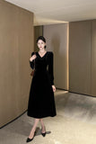 2025 temperament v-neck high-end velvet dress for women's autumn and winter new waist and thin medium and long black skirt