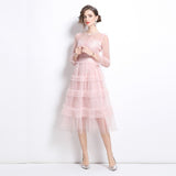 gentle wind mesh stitching long-sleeved dress women's summer super fairy sweet waist thin cake long skirt