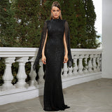 2025 high-end long-sleeved temperament round neck sexy long sequined banquet evening dress bridesmaid dress women
