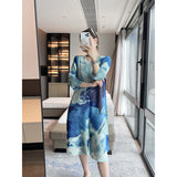 Miyake  spring and summer new ink painting printing elegant loose and thin pleated dress temperament medium and long dress