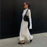 HULIANFU  2025 women's clothing New autumn knitted round neck pit strip shrinking needle horn sleeve lace-up solid color casual long dress women