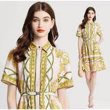 Baroque print three kinds of diamond-encrusted metal buckle elastic belt removable double door tube shirt dress with pockets