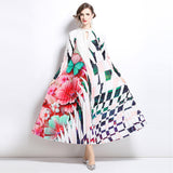 style high-end hollow bead round neck lantern sleeve strap waist temperament long printed pleated dress