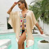 2025New Popularan beautiful women one-piece v-neck crochet splicing beach dress one size medium sleeve sunscreen blouse