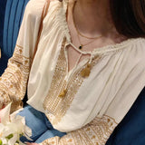 2025 early spring new bohemian embroidered lace-up cotton long-sleeved shirt