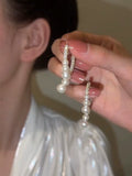 Silver needle crossed pearl diamond earrings women's exquisite light luxury high-end stud earrings niche design temperament versatile earrings