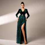 2025 new high-end long-sleeved V-neck banquet sequined split d big pendulum evening dress bridesmaid dress women