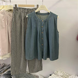 Summer wear a complete set of Hong Kong style denim sleeveless shirt plaid wide-leg pants fashion suit women's retro two-piece set