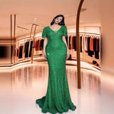HULIANFU 2025 spring and summer new product fashion V-neck hip wrap sequined 2025 dress mid-waist lantern sleeve long evening dress