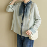 2025 Loose literary shirt casual fashion versatile mesh stitching lace-up short temperament long-sleeved cardigan  summer