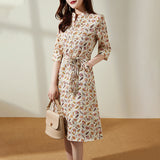 2025 Linen floral dress temperament commuter women's clothing  summer new  short-sleeved medium and long shirt skirt