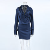 2025 Autumn and winter elegant blue temperament thin soft matte satin irregular collar long sleeve slim short dress women