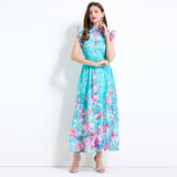 Popular trade women's clothing summer seaside vacation wind flying sleeves flower fairy print waist ruffle edge dress
