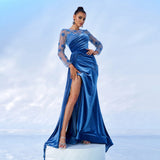 2025 new temperament round neck long sleeve long sequined banquet hip wrap evening dress bridesmaid dress women