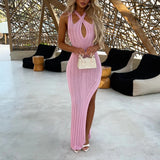 HULIANFU New summer 2025  new sexy fashion tight solid color knitted pit strip side split dress women's clothing